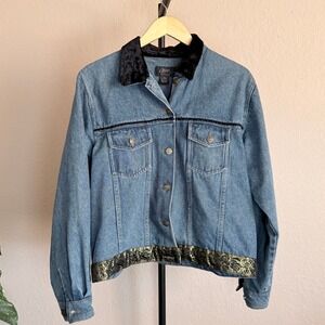 Vintage 90s Western Denim Jacket Women's L Gold Ribbon Velvet Trim